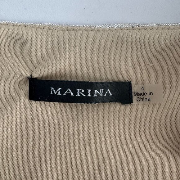 Marina Sheath Cocktail Dress Size 4 Silver Metallic Ruched Waist V Neck Holiday - Picture 5 of 12